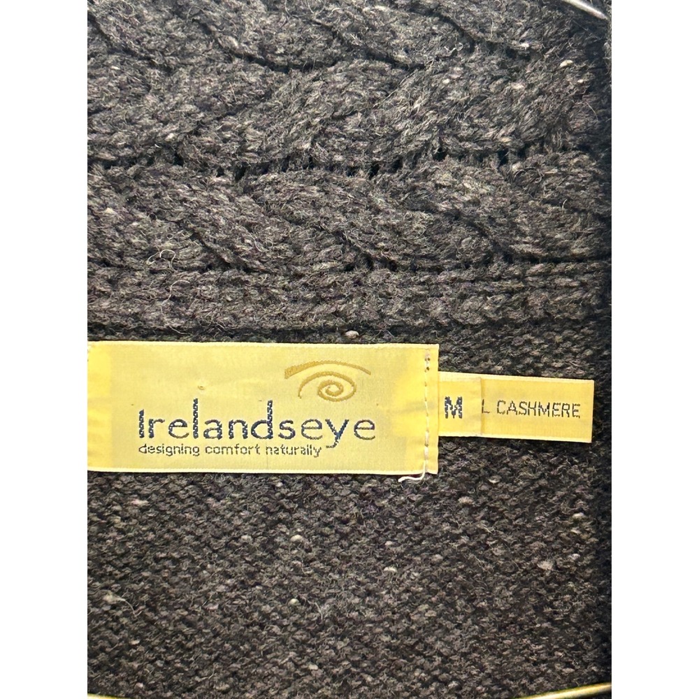 Irelandseye Cashmere Blend Longline Cardigan Sweater Grey Cable Knit Trim M - Picture 3 of 5